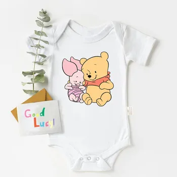 Desene animate Winnie si Piglet Baby Body Alb cu Maneci Scurte din Bumbac 100% Nou-născuți Haine de Vara Costume pentru copii