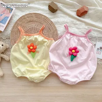 Vara din Bumbac pentru Copii Baby Girl Salopete - Sling Design cu Flori 3D Scrisoare de Imprimare de Costume pentru Infant Toddler Girls 0-24M