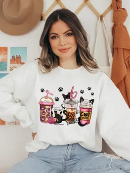 Halloween Cafea si Cat de Imprimare T-Shirt Casual cu Maneca Lunga Echipajul Gât Tricoul 2023 Noi de Toamna pentru Femei Îmbrăcăminte