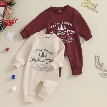 Copilul Xmas Bluza Salopeta cu Maneca Lunga Echipajul Gât Copac Scrisori de Imprimare de Crăciun Romper Haine pentru Fete Baieti